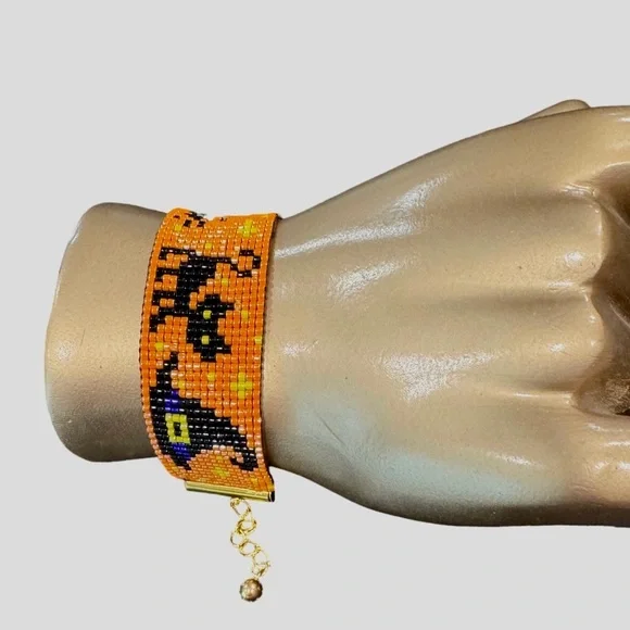 Handcrafted Halloween-Themed Adjustable Loom Cuff Bracelet Miyuki Delica Beads - Picture 7 of 9